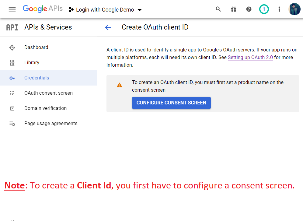 Register a Client application in Google to access Google APIs via OAuth 2.0