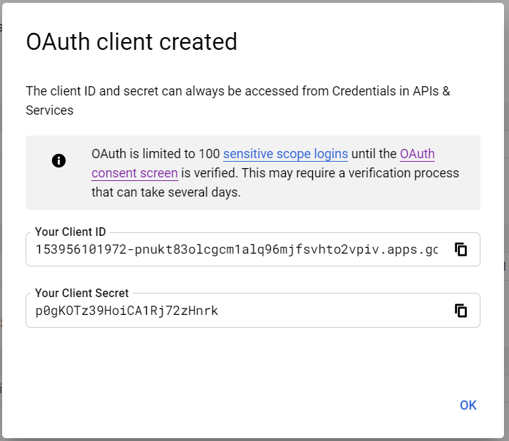 Register a Client application in Google to access Google APIs via OAuth 2.0