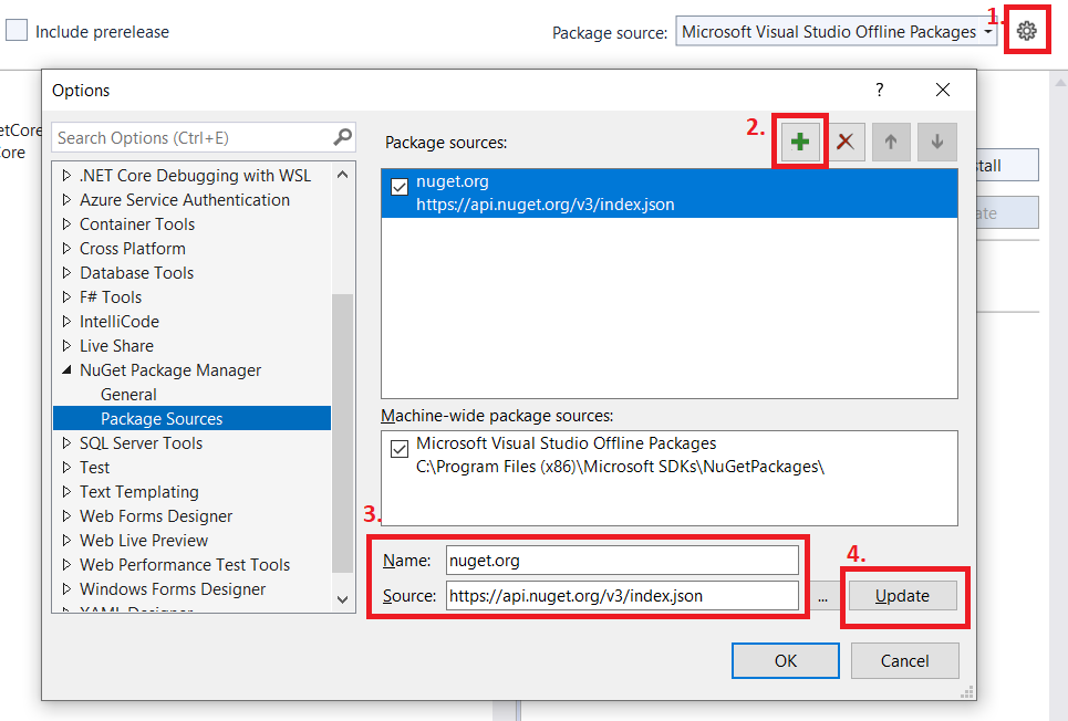 Unable to install NuGet package as NuGet packages are Offline Only in Visual Studio